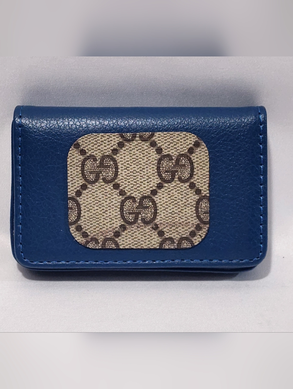 Blue Leather Card Case with Signature Gucci GG Monogram Canvas